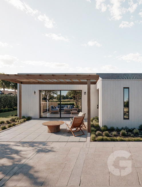 Casa Algarrobo - Vista lateral con pérgola.
