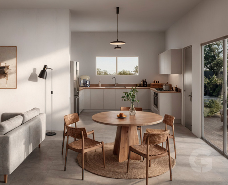 Casa Quebracho - Espacio living - comedor y cocina integrada.